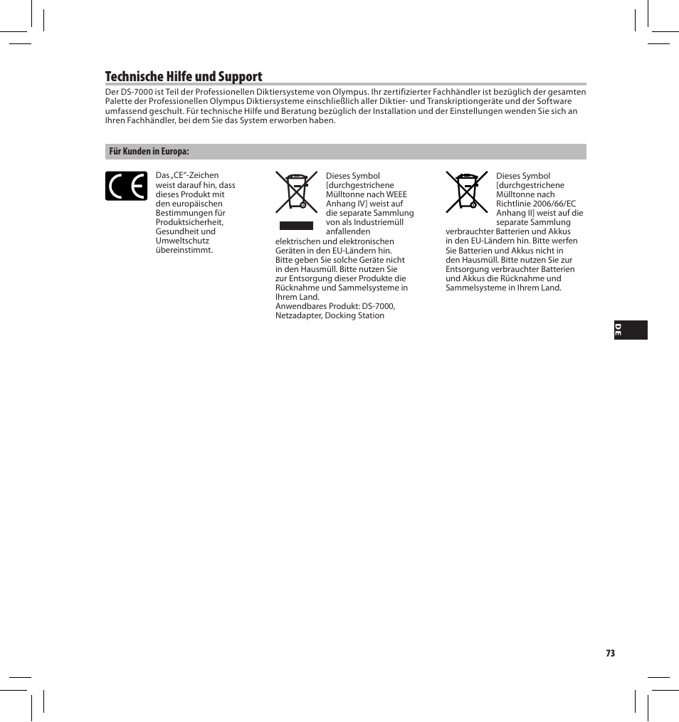 Technische hilfe und support | Olympus DS7000 User Manual | Page 73 / 184