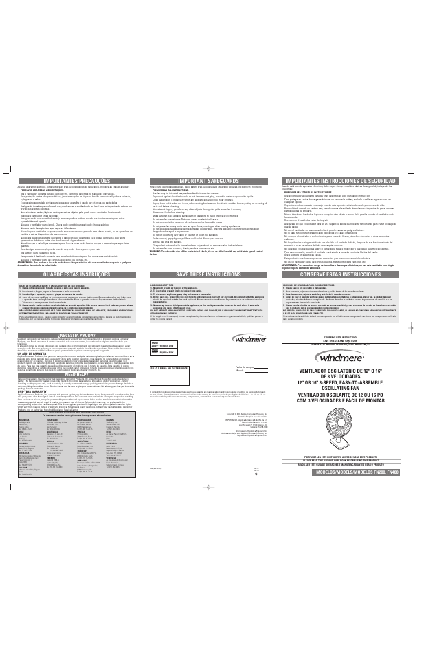 Important safeguards, Save these instructions, Importantes instrucciones de seguridad | Guarde estas instruções, Necesita ayuda? need help | Applica FN400 User Manual | Page 2 / 2