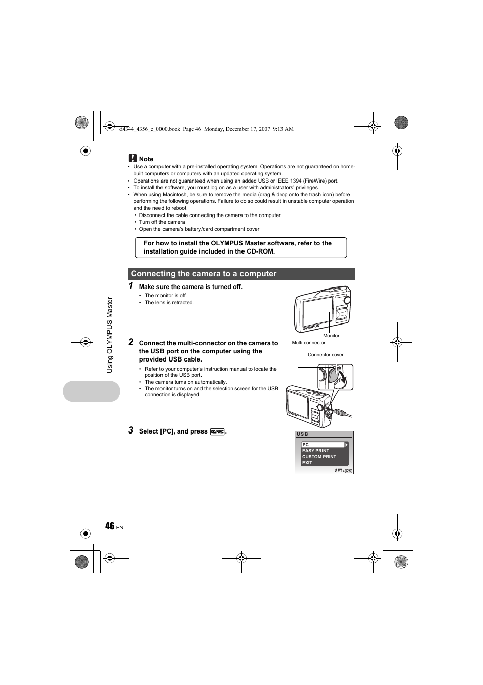 Connecting the camera to a computer | Olympus Stylus 1020 User Manual | Page 46 / 84