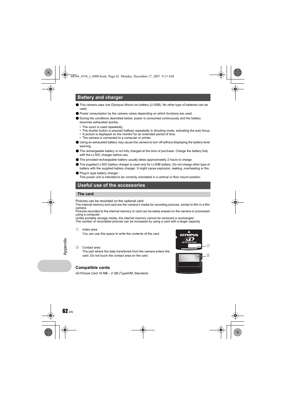 The card” (p.62), Battery and charger useful use of the accessories | Olympus Stylus 1020 User Manual | Page 62 / 84