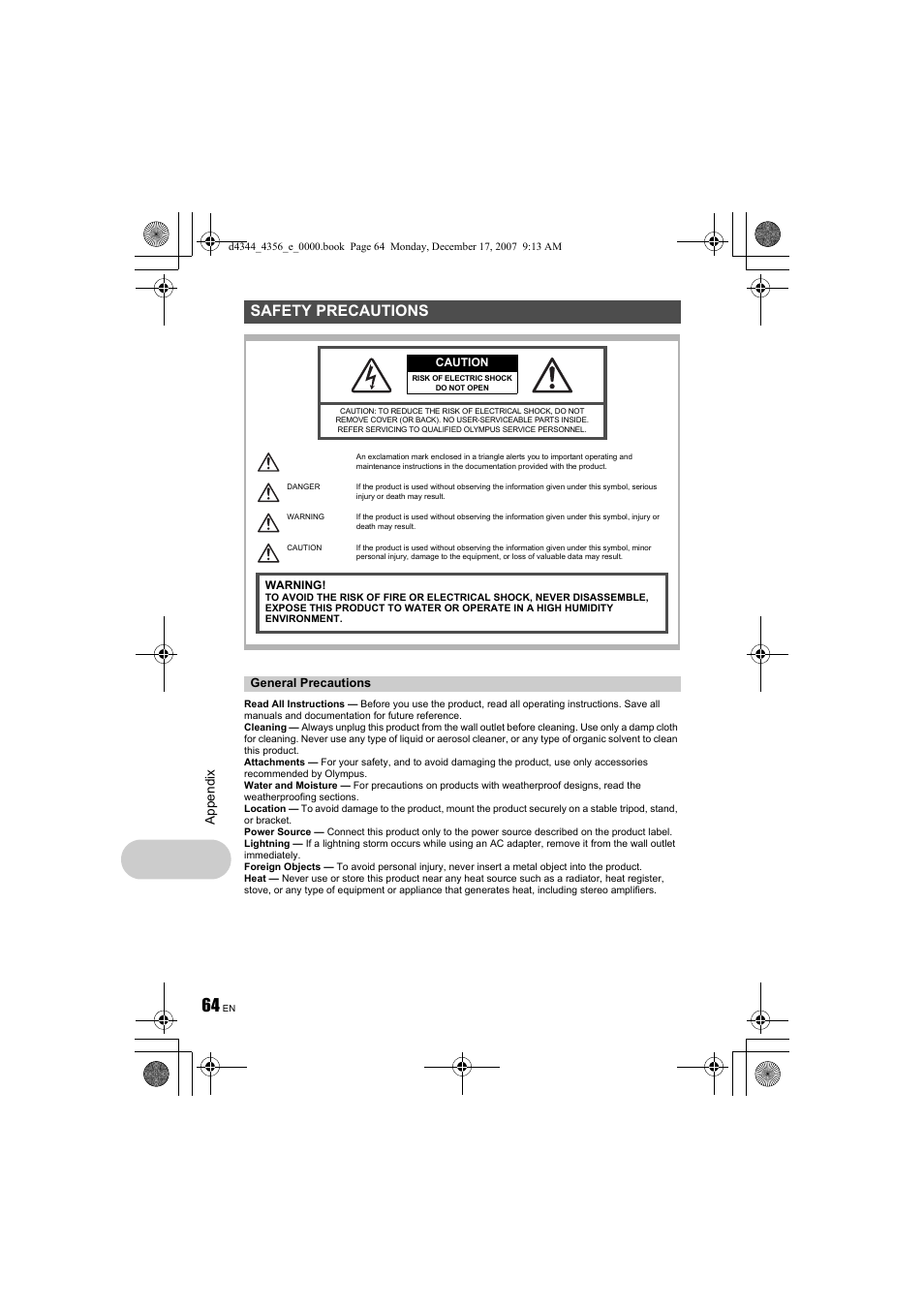 Safety precautions, Appen dix | Olympus Stylus 1020 User Manual | Page 64 / 84