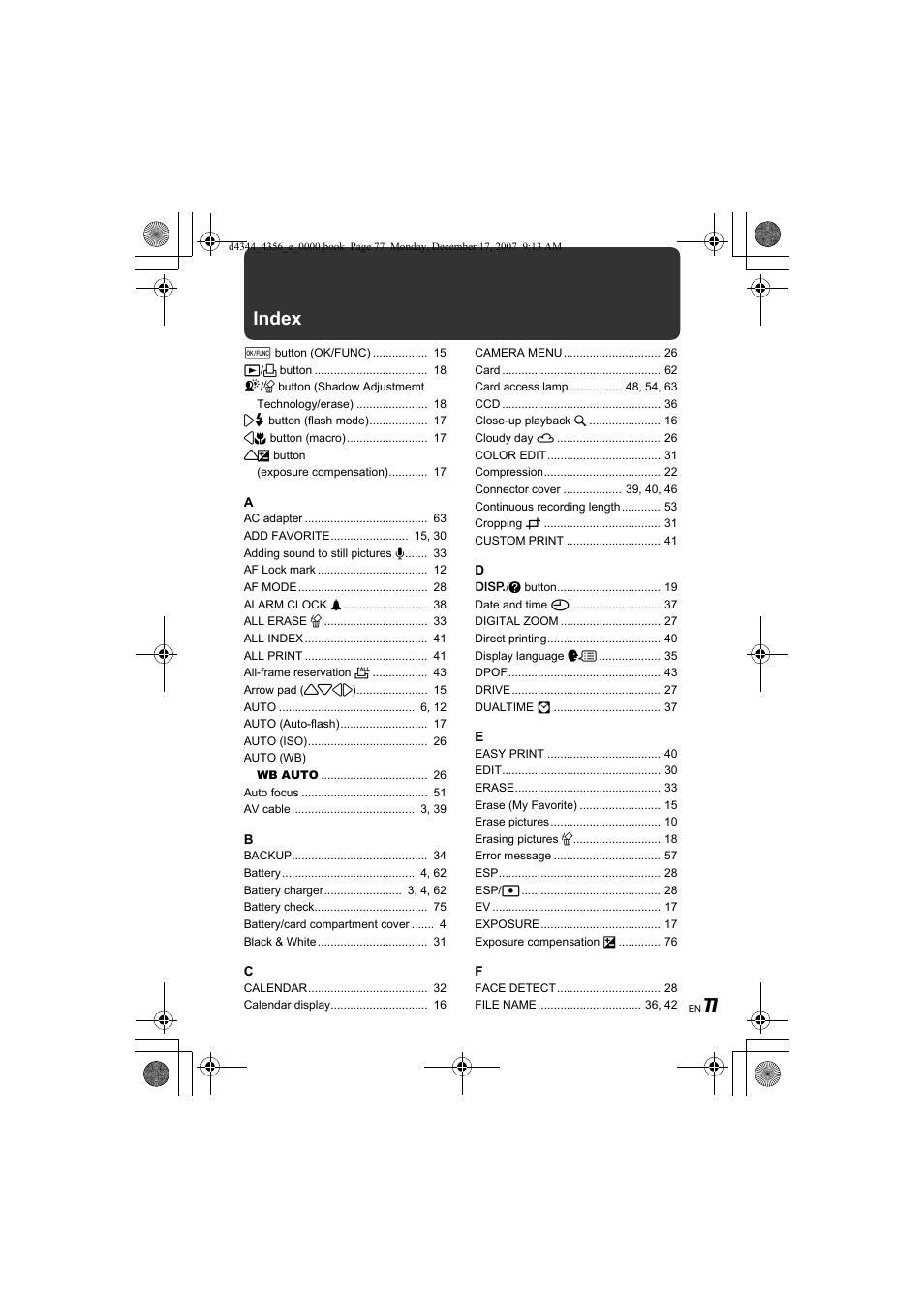 Index | Olympus Stylus 1020 User Manual | Page 77 / 84