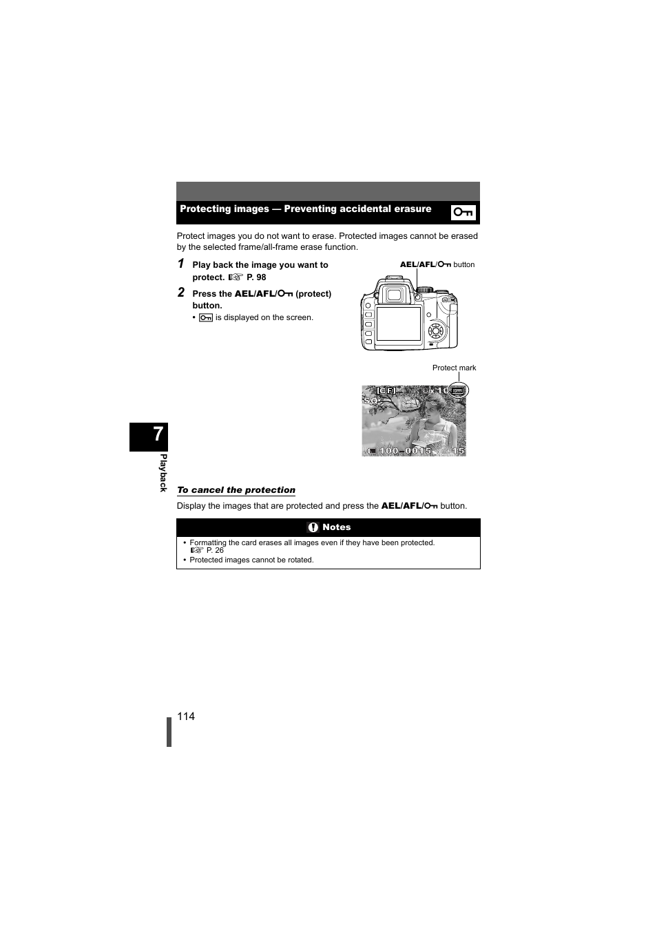 Protecting images - preventing accidental erasure, Protecting images — preventing accidental erasure | Olympus EVOLT E-500 User Manual | Page 114 / 216