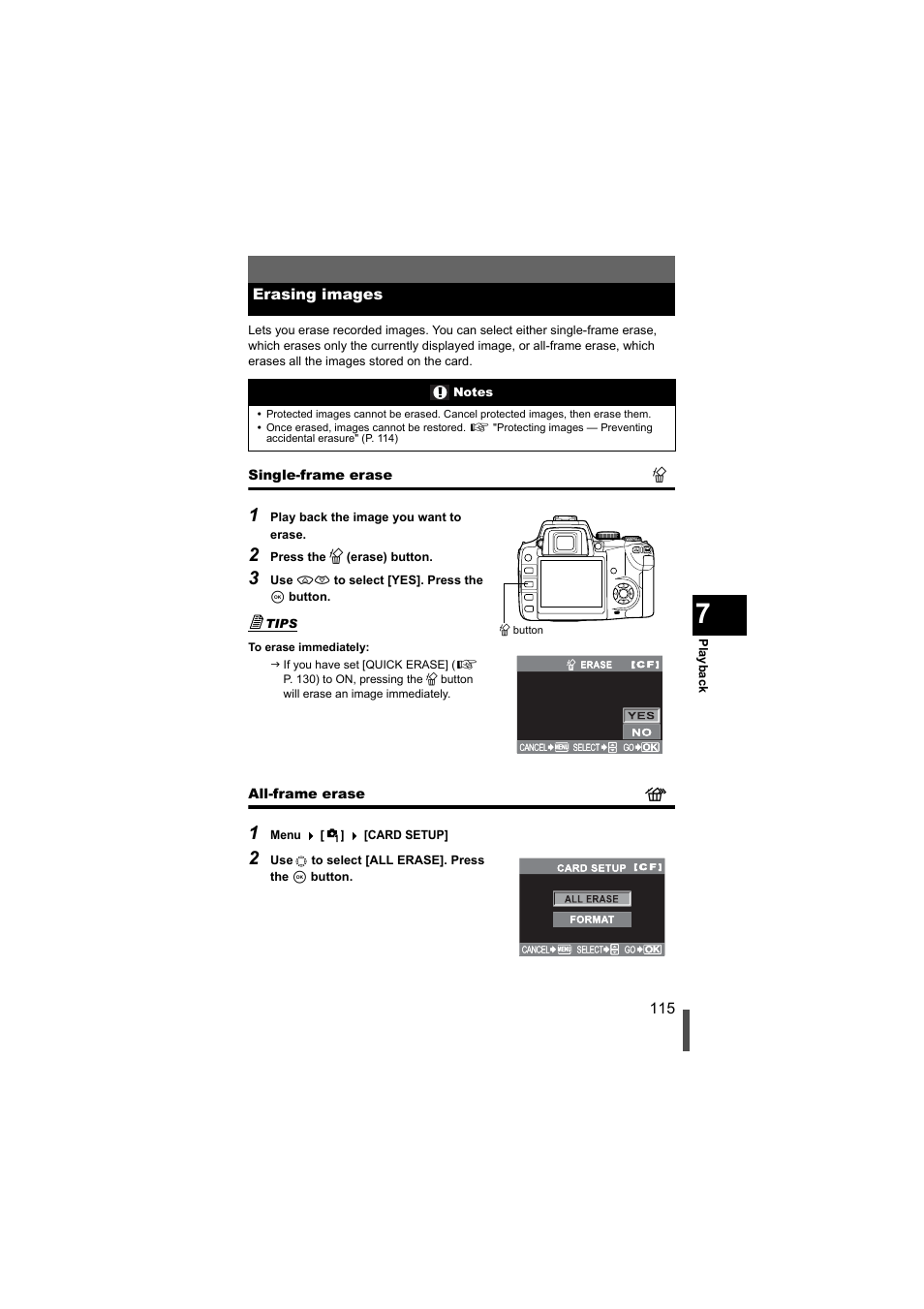 Erasing images, Single-frame erase, All-frame erase | Single-frame erase all-frame erase | Olympus EVOLT E-500 User Manual | Page 115 / 216