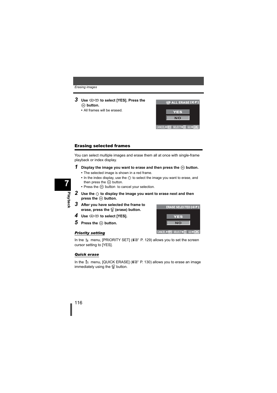 Erasing selected frames | Olympus EVOLT E-500 User Manual | Page 116 / 216
