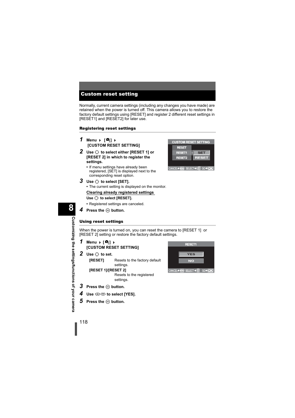 Custom reset setting | Olympus EVOLT E-500 User Manual | Page 118 / 216