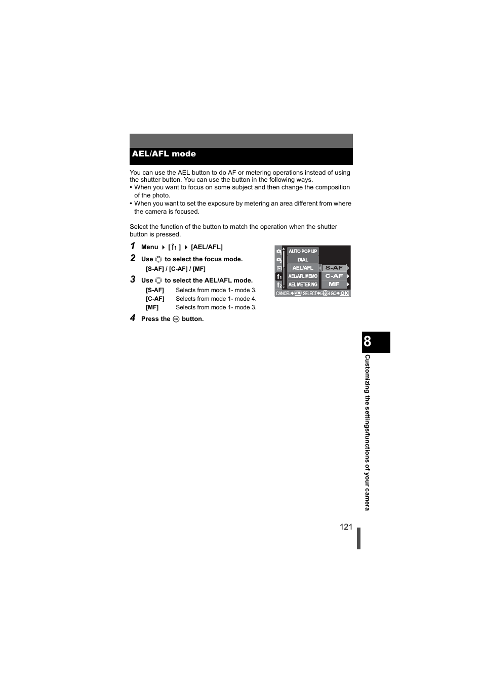 Ael/afl mode | Olympus EVOLT E-500 User Manual | Page 121 / 216