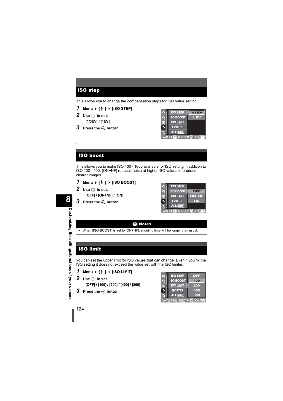 Iso step, Iso boost, Iso limit | Iso step iso boost iso limit | Olympus EVOLT E-500 User Manual | Page 124 / 216