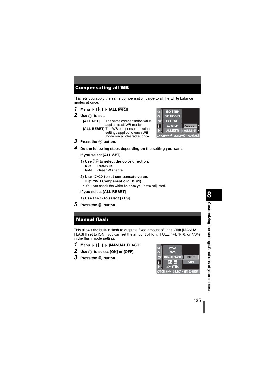 Compensating all wb, Manual flash, Compensating all wb manual flash | G p. 125) | Olympus EVOLT E-500 User Manual | Page 125 / 216
