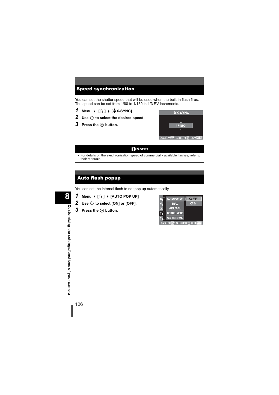 Speed synchronization, Auto flash popup, Speed synchronization auto flash popup | G "speed, Synchronization" (p. 126) | Olympus EVOLT E-500 User Manual | Page 126 / 216