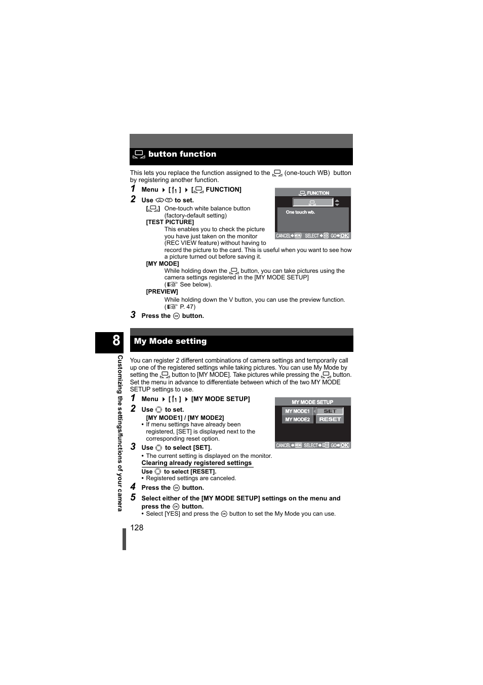 One-touch wb button function, My mode setting, V button function | Olympus EVOLT E-500 User Manual | Page 128 / 216