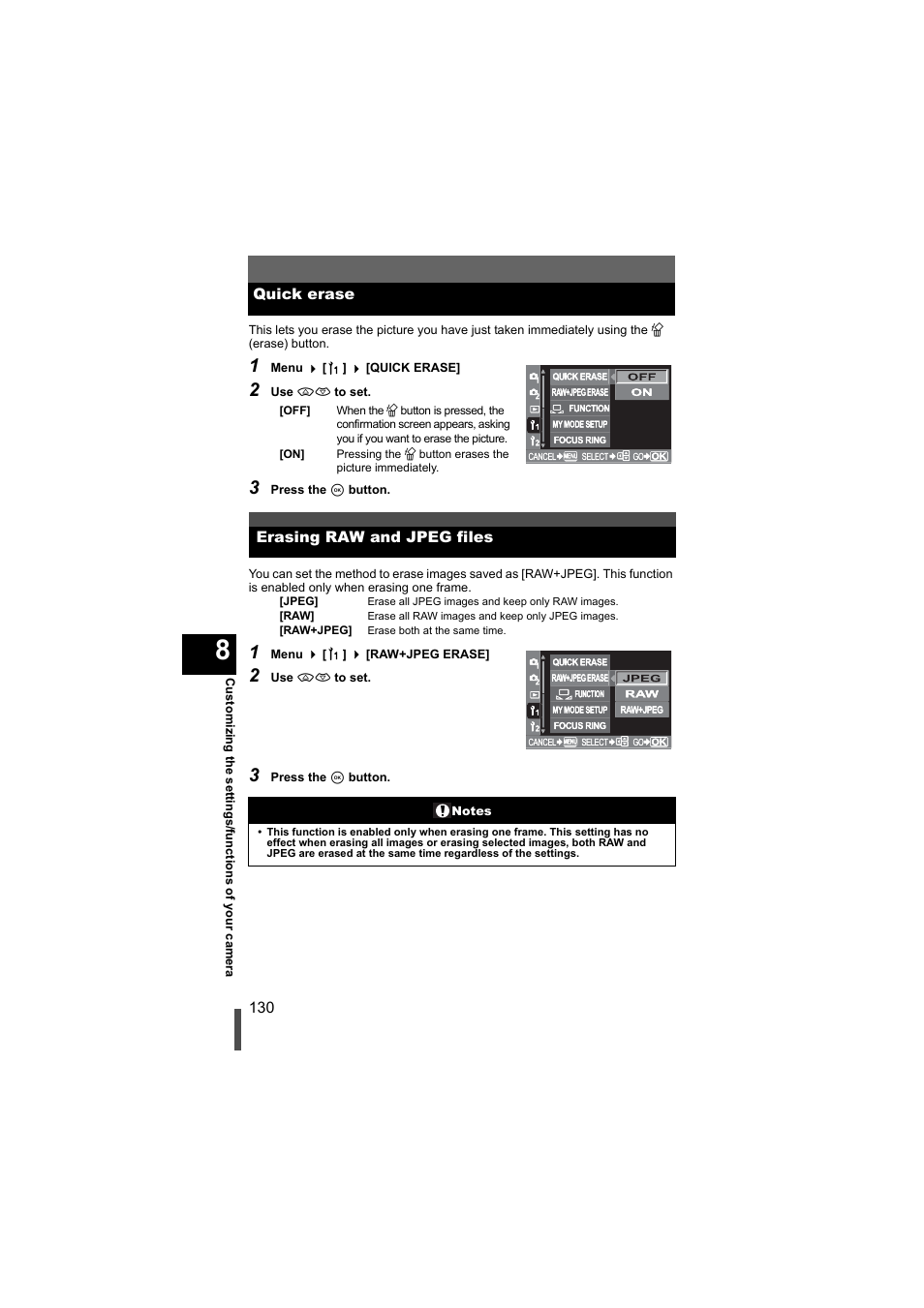 Quick erase, Erasing raw and jpeg files, Quick erase erasing raw and jpeg files | P. 130), Uick erase, G p. 130) allows you to era | Olympus EVOLT E-500 User Manual | Page 130 / 216