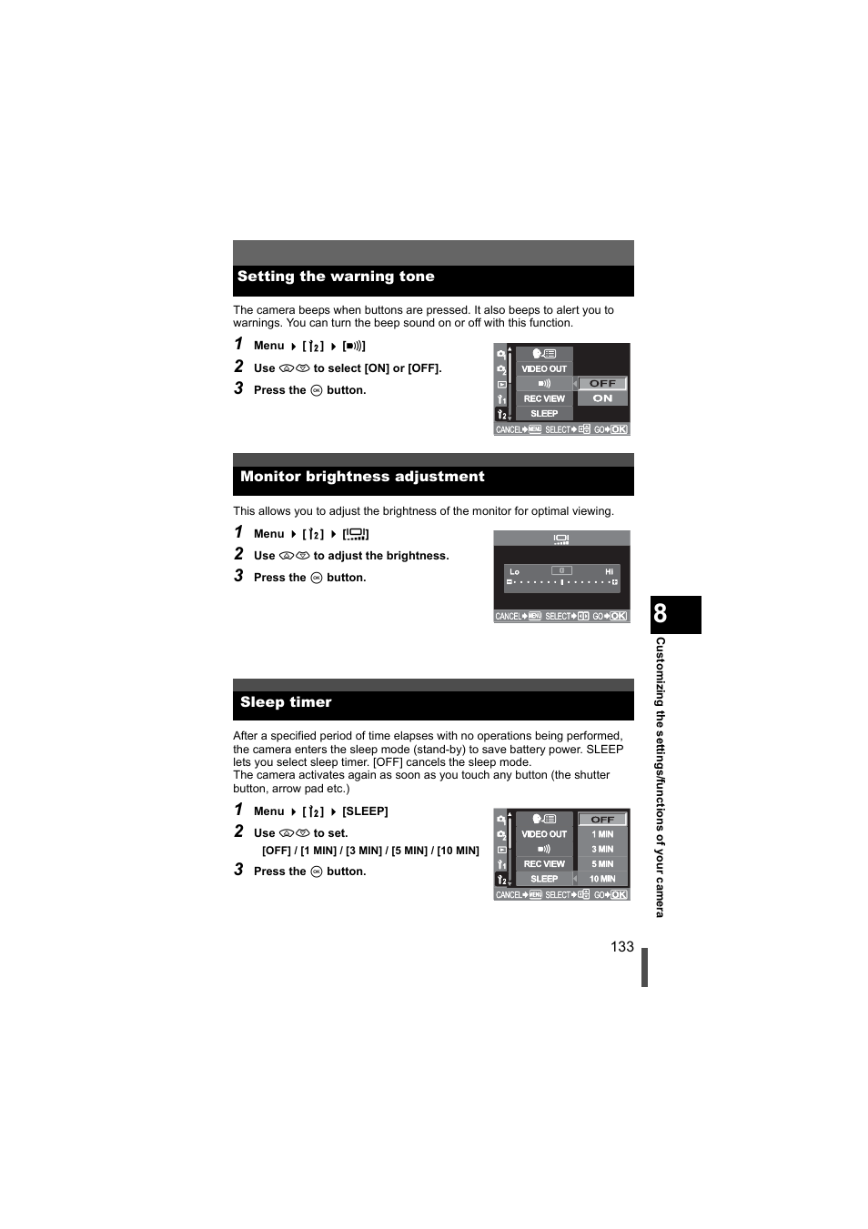 Setting the warning tone, Monitor brightness adjustment, Sleep timer | Olympus EVOLT E-500 User Manual | Page 133 / 216