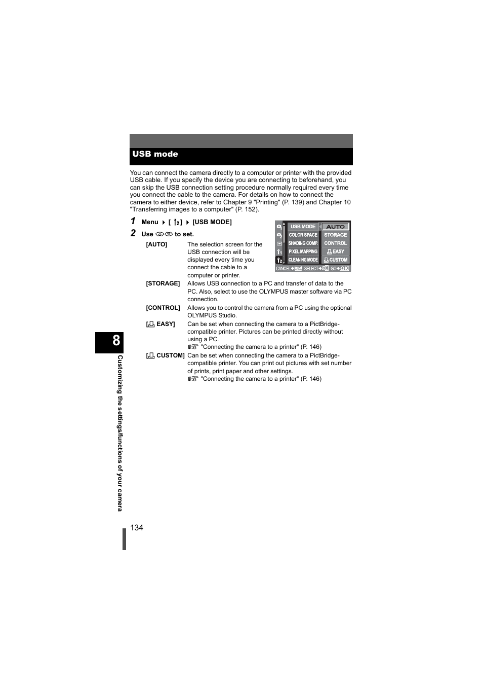 Usb mode | Olympus EVOLT E-500 User Manual | Page 134 / 216