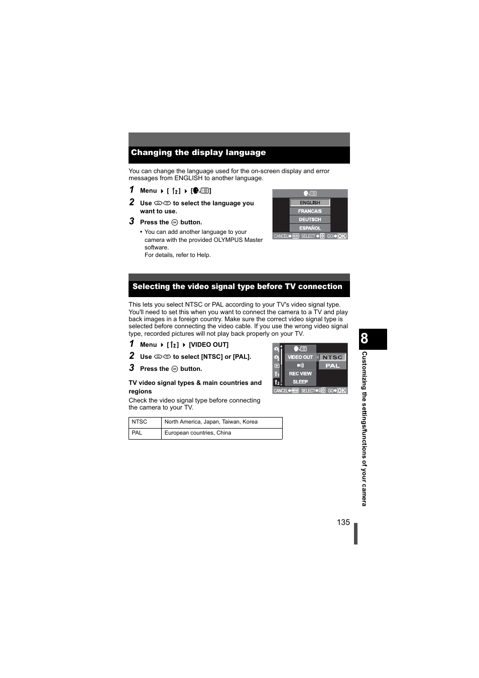 Changing the display language | Olympus EVOLT E-500 User Manual | Page 135 / 216