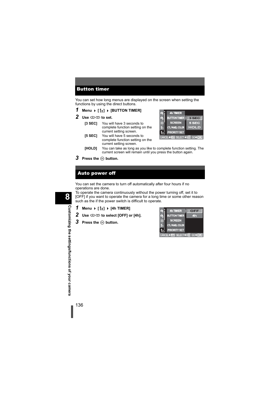 Button timer, Auto power off, Button timer auto power off | P. 136) | Olympus EVOLT E-500 User Manual | Page 136 / 216