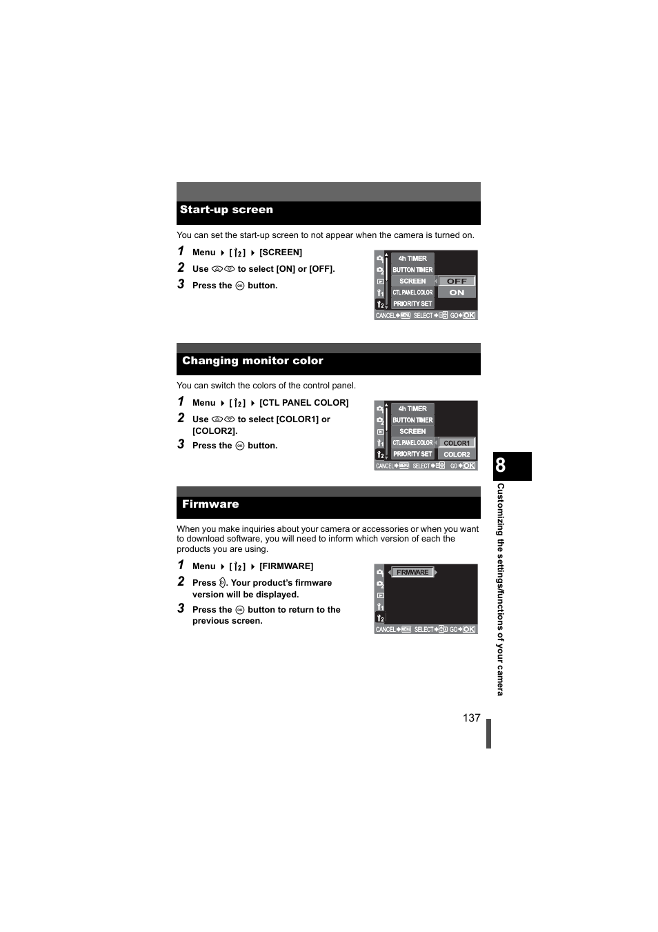 Start-up screen, Changing monitor color, Firmware | Start-up screen changing monitor color firmware | Olympus EVOLT E-500 User Manual | Page 137 / 216