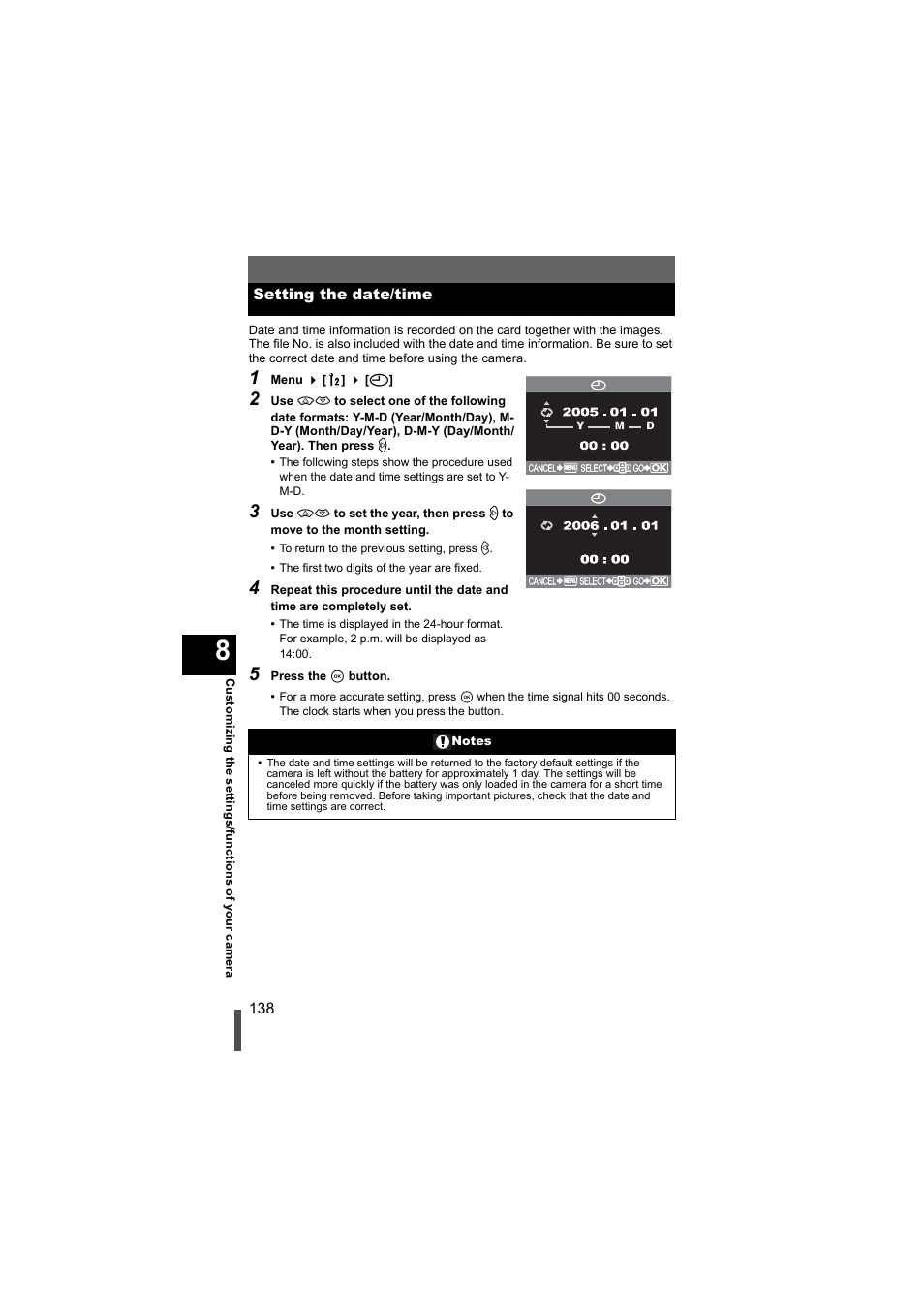 Setting the date/time | Olympus EVOLT E-500 User Manual | Page 138 / 216