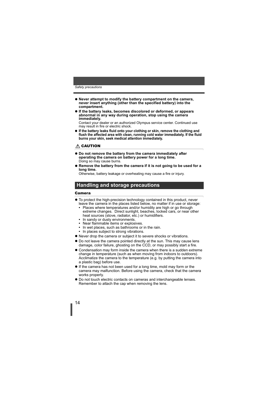 Handling and storage precautions | Olympus EVOLT E-500 User Manual | Page 14 / 216