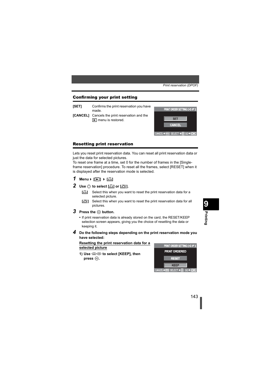 Confirming your print setting, Resetting print reservation, G p. 143 | Olympus EVOLT E-500 User Manual | Page 143 / 216