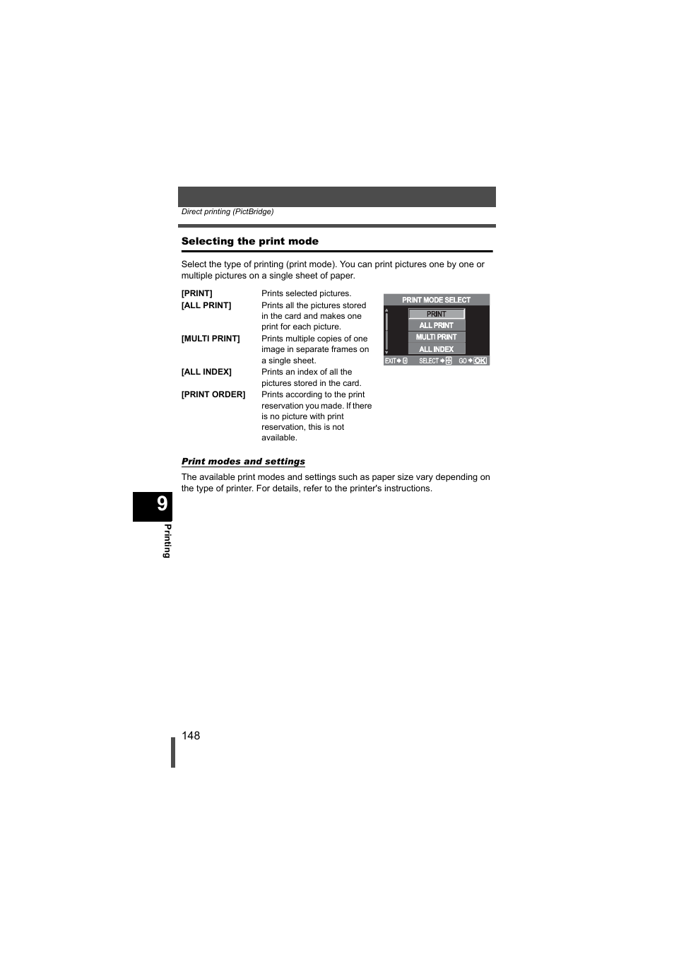 Selecting the print mode, G p. 148 | Olympus EVOLT E-500 User Manual | Page 148 / 216