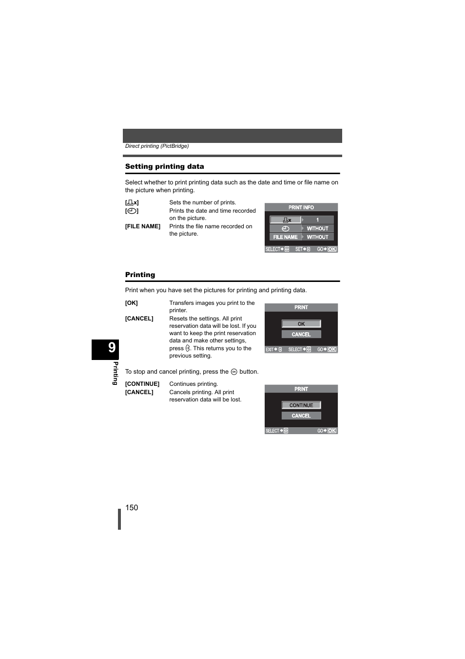 Setting printing data, Printing, Setting printing data printing | G p. 150 | Olympus EVOLT E-500 User Manual | Page 150 / 216