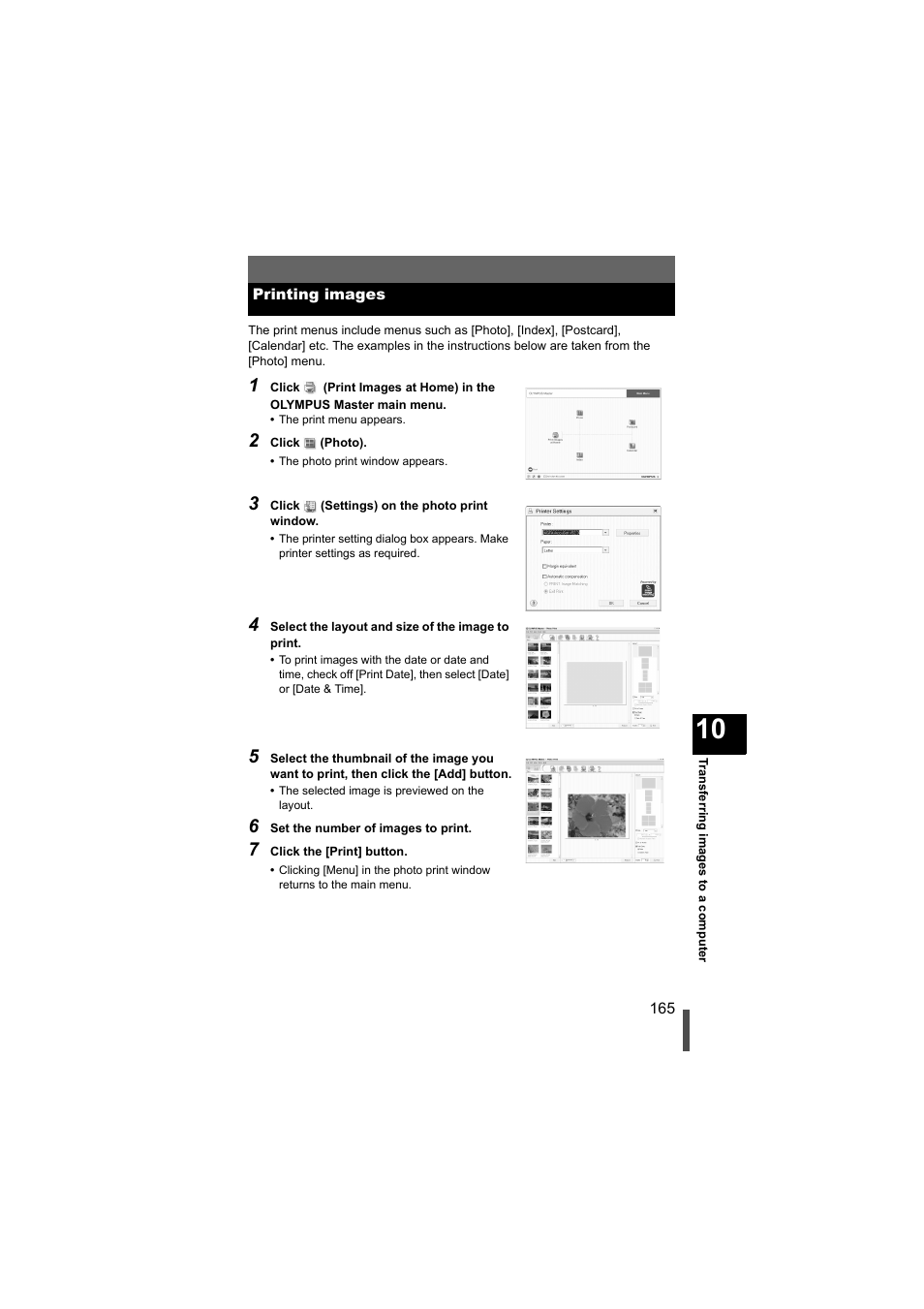 Printing images | Olympus EVOLT E-500 User Manual | Page 165 / 216