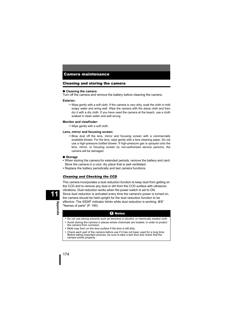 Camera maintenance, Cleaning and storing the camera, P. 174 | Olympus EVOLT E-500 User Manual | Page 174 / 216