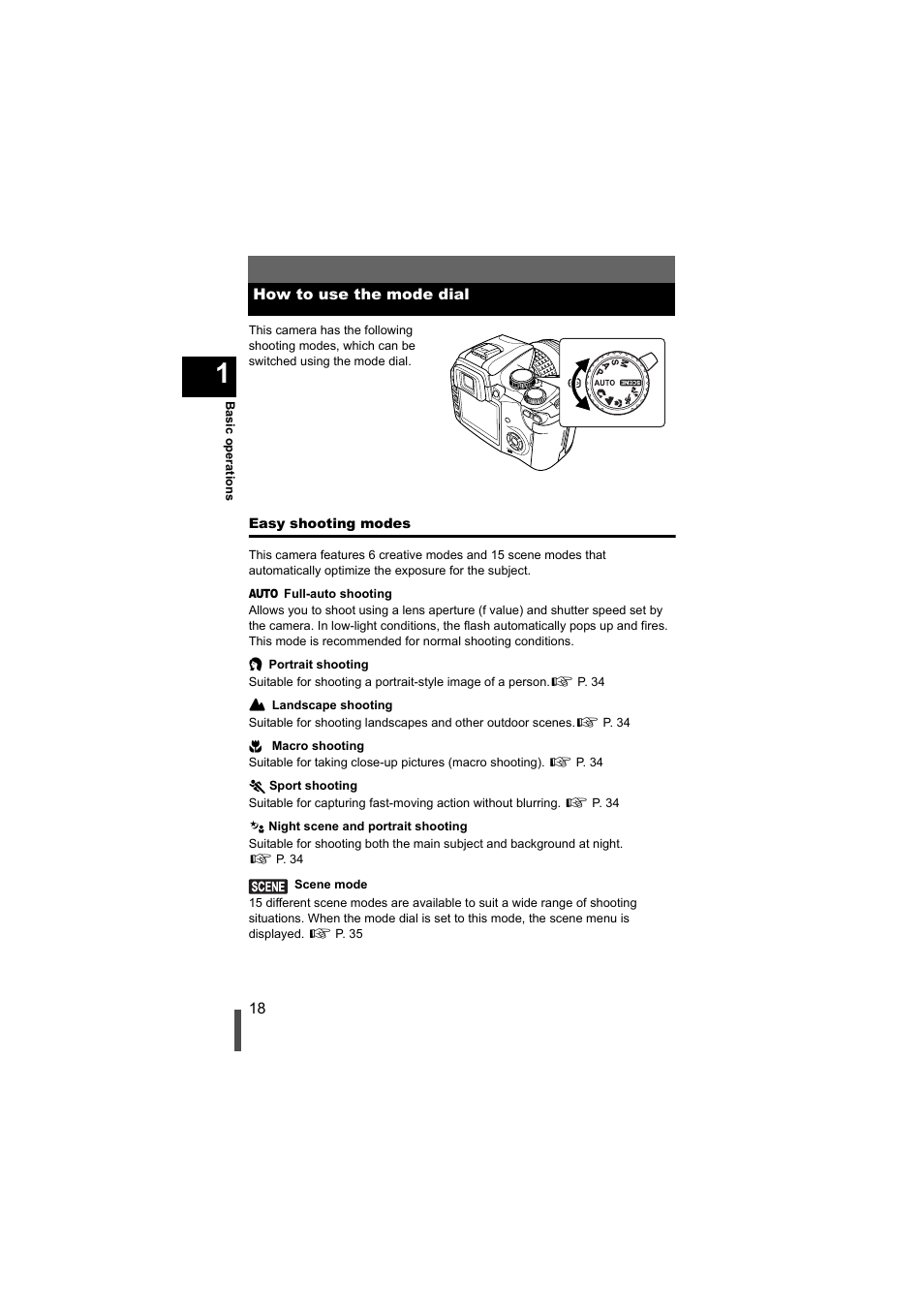 How to use the mode dial, Easy shooting modes | Olympus EVOLT E-500 User Manual | Page 18 / 216