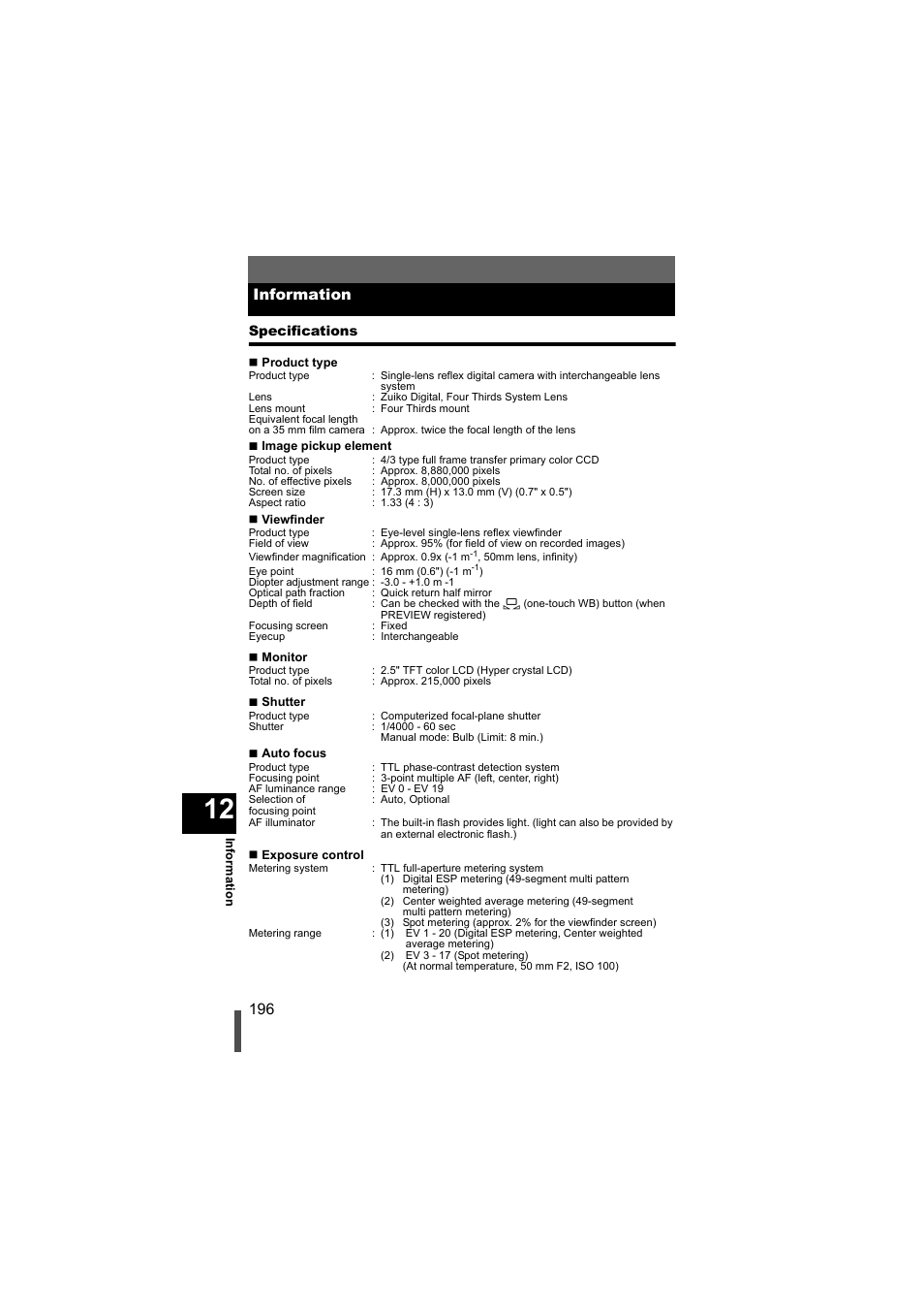 Information, Specifications | Olympus EVOLT E-500 User Manual | Page 196 / 216