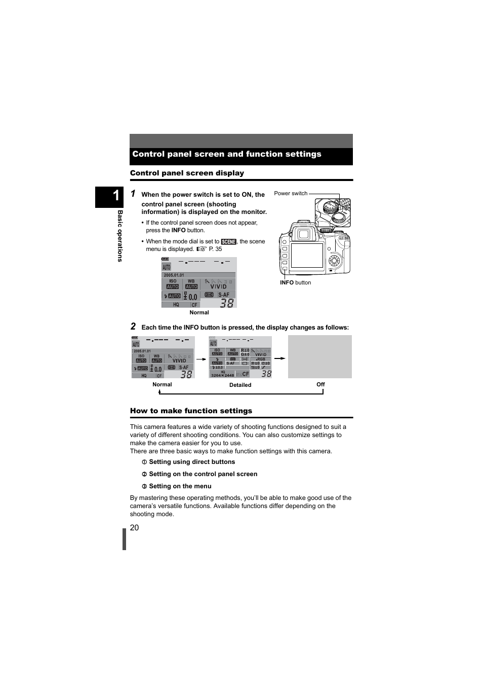 Control panel screen and function settings, Control panel screen display, How to make function settings | Olympus EVOLT E-500 User Manual | Page 20 / 216