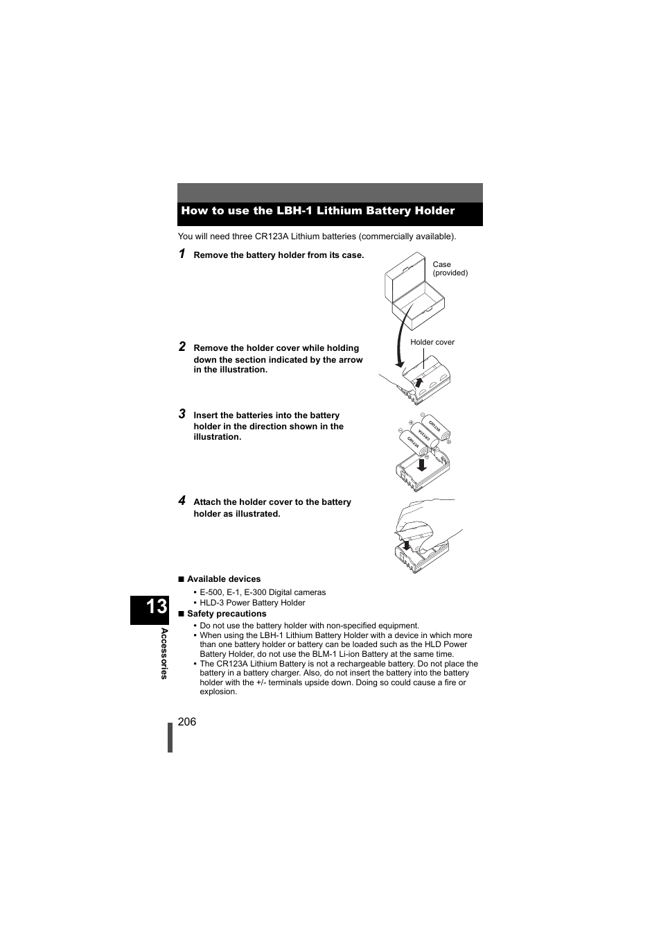 How to use the lbh-1 lithium battery holder | Olympus EVOLT E-500 User Manual | Page 206 / 216