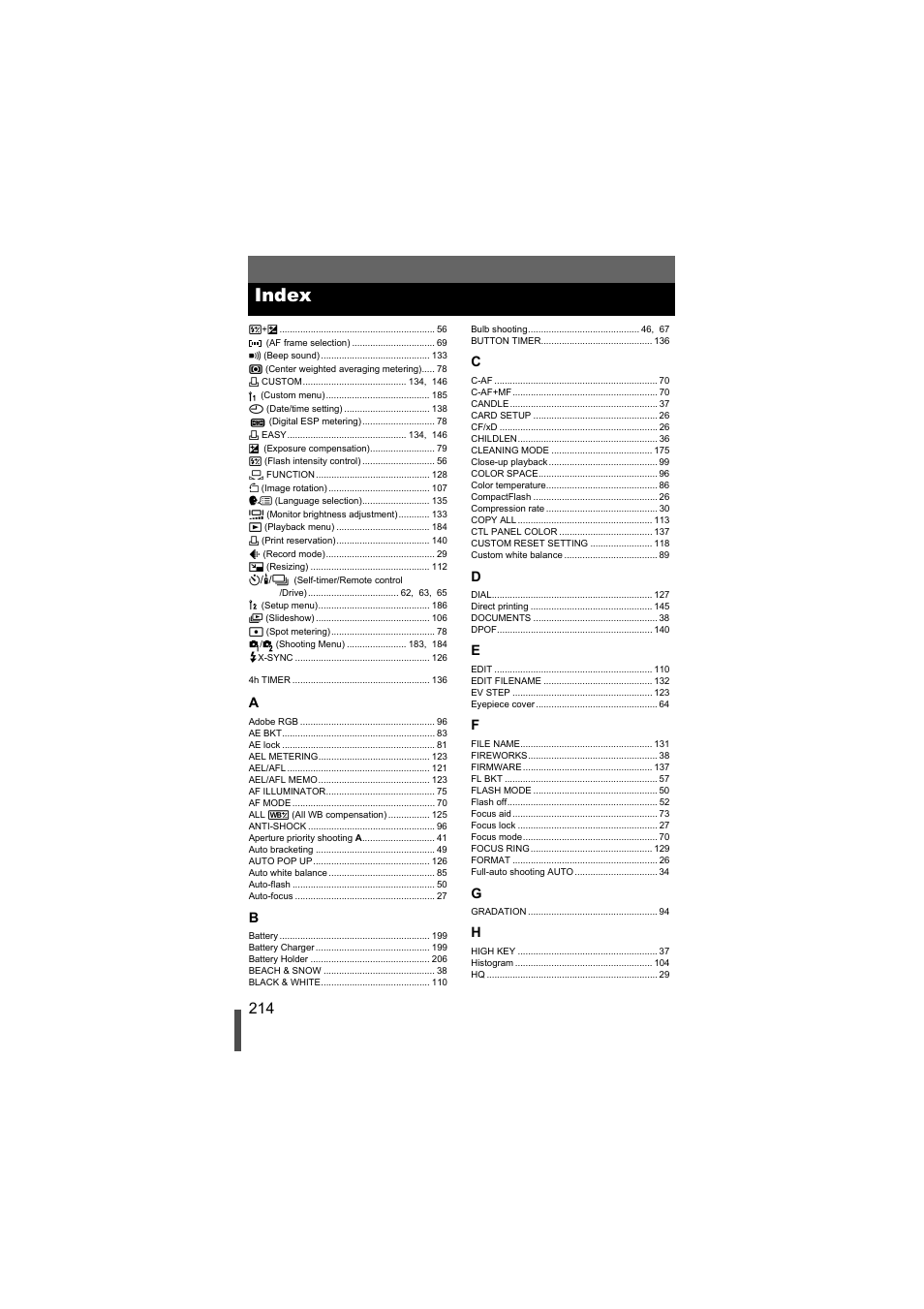 Index, G p. 214 | Olympus EVOLT E-500 User Manual | Page 214 / 216