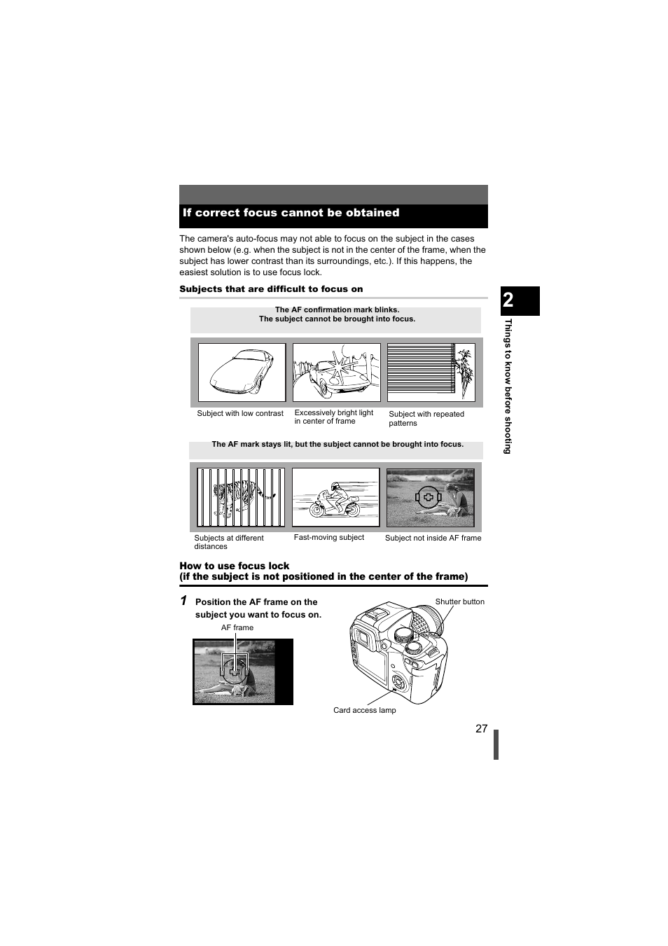 If correct focus cannot be obtained, How to use focus lock | Olympus EVOLT E-500 User Manual | Page 27 / 216