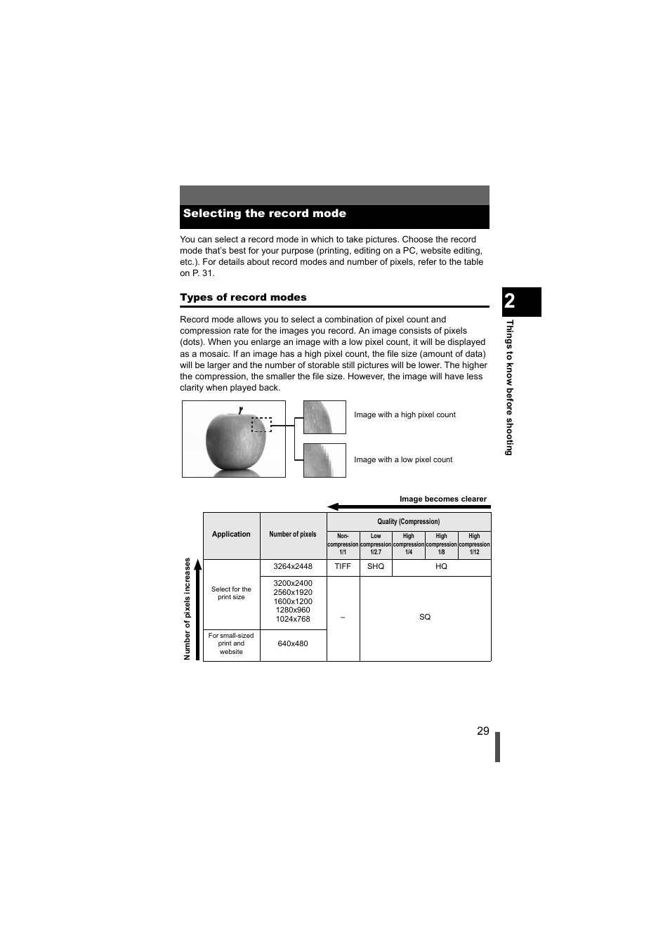 Selecting the record mode, Types of record modes | Olympus EVOLT E-500 User Manual | Page 29 / 216