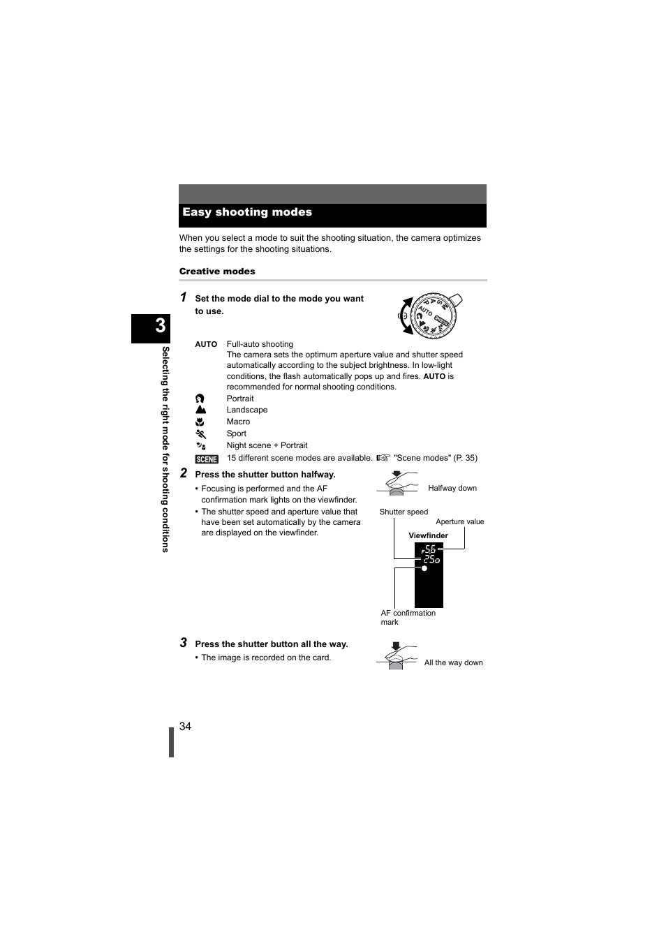 Easy shooting modes, G p. 34 | Olympus EVOLT E-500 User Manual | Page 34 / 216