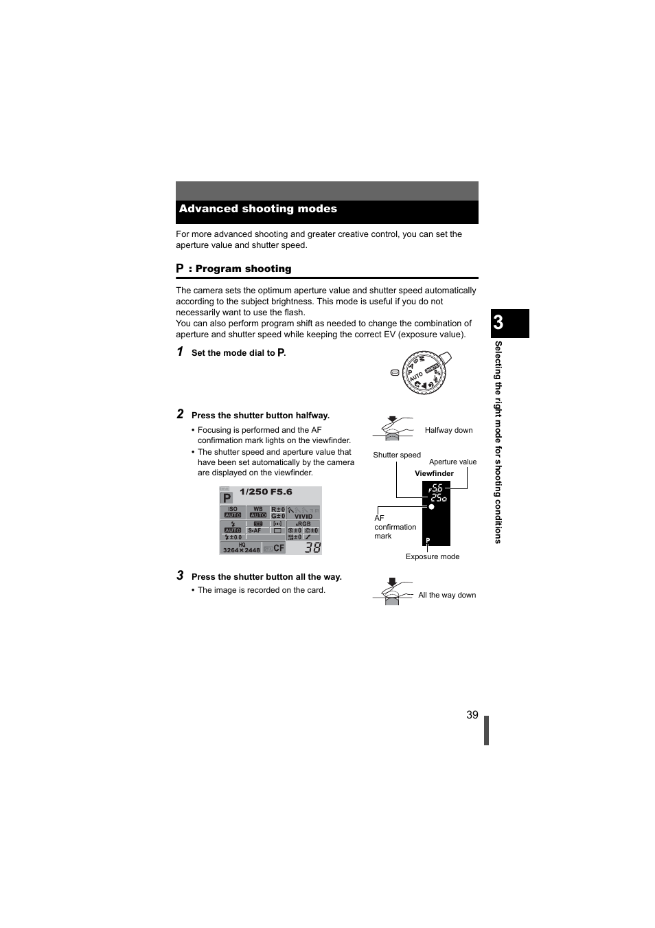 Advanced shooting modes, P : program shooting, Program shooting | G p. 39 | Olympus EVOLT E-500 User Manual | Page 39 / 216