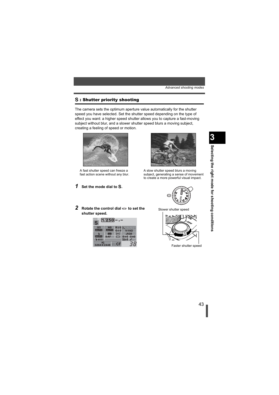 S : shutter priority shooting, G p. 43 | Olympus EVOLT E-500 User Manual | Page 43 / 216