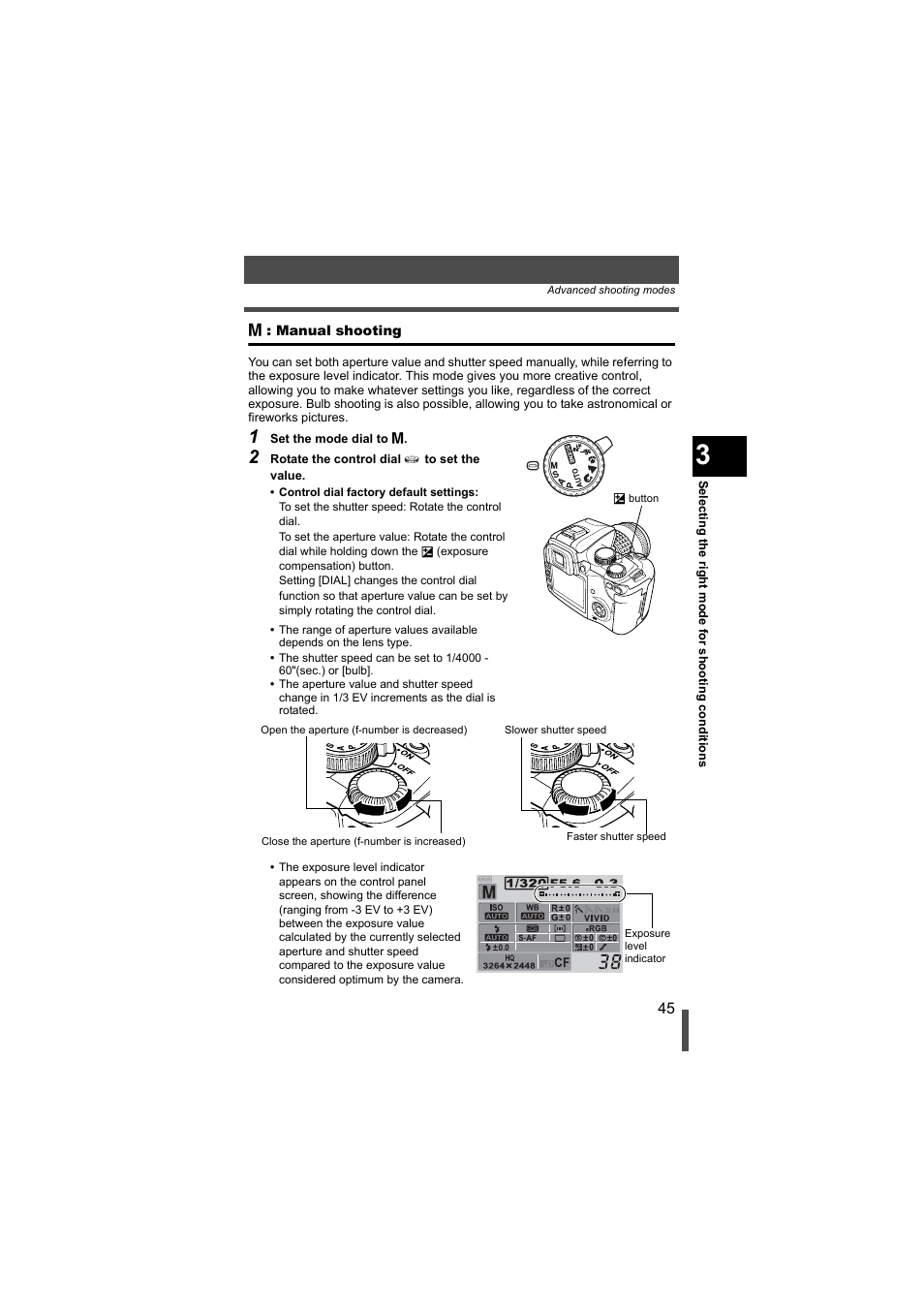 M : manual shooting, G p. 45 | Olympus EVOLT E-500 User Manual | Page 45 / 216