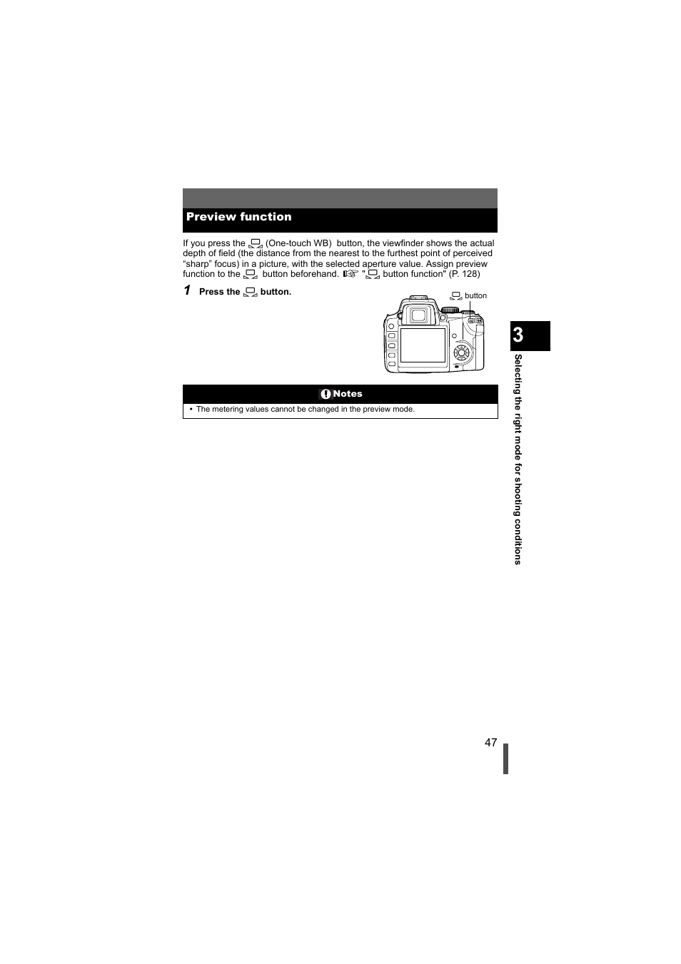 Preview function, Preview function" (p. 47) | Olympus EVOLT E-500 User Manual | Page 47 / 216