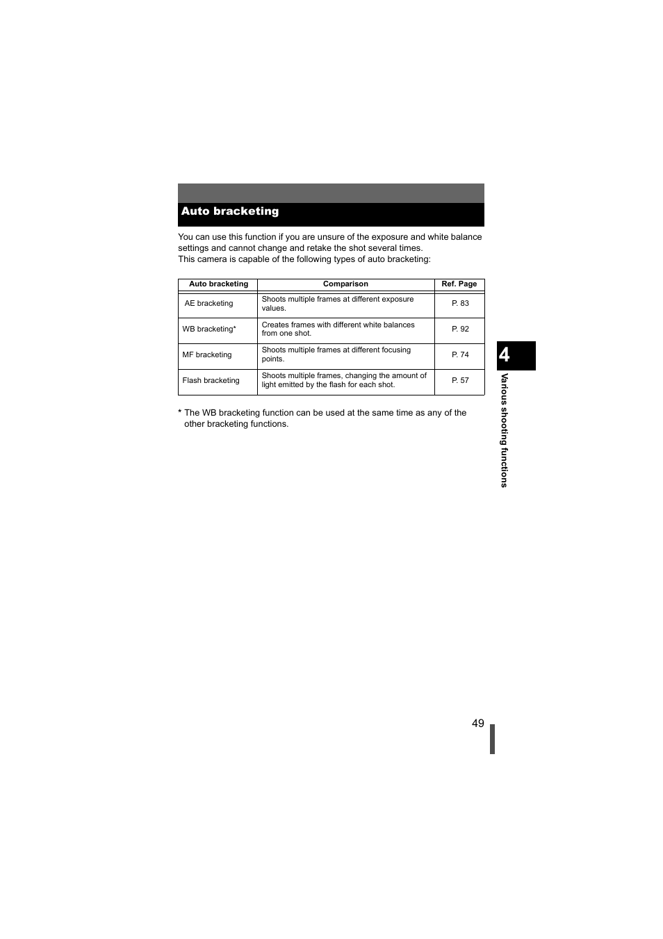 Auto bracketing | Olympus EVOLT E-500 User Manual | Page 49 / 216