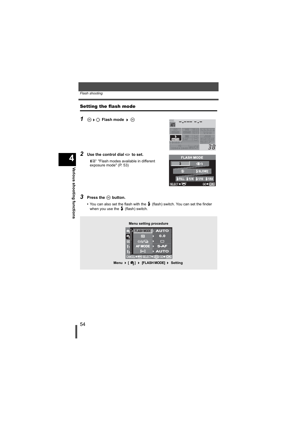 Setting the flash mode | Olympus EVOLT E-500 User Manual | Page 54 / 216