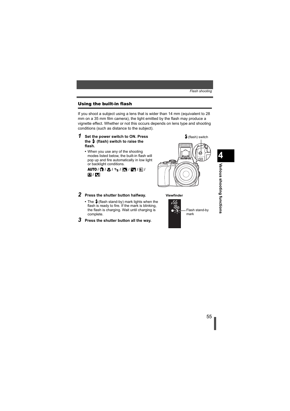 Using the built-in flash | Olympus EVOLT E-500 User Manual | Page 55 / 216