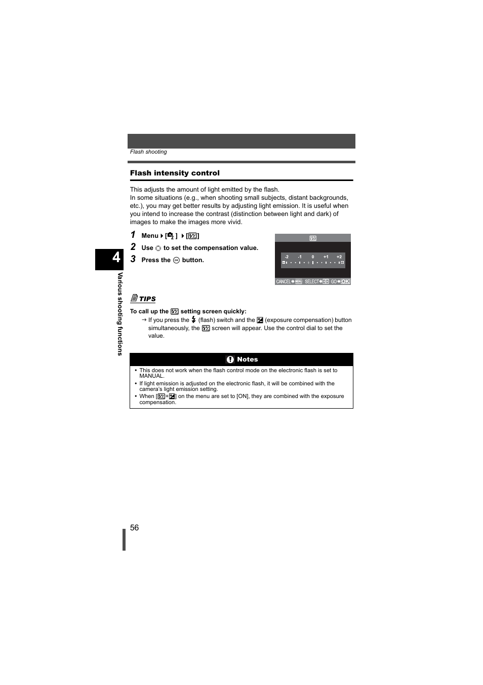 Flash intensity control | Olympus EVOLT E-500 User Manual | Page 56 / 216