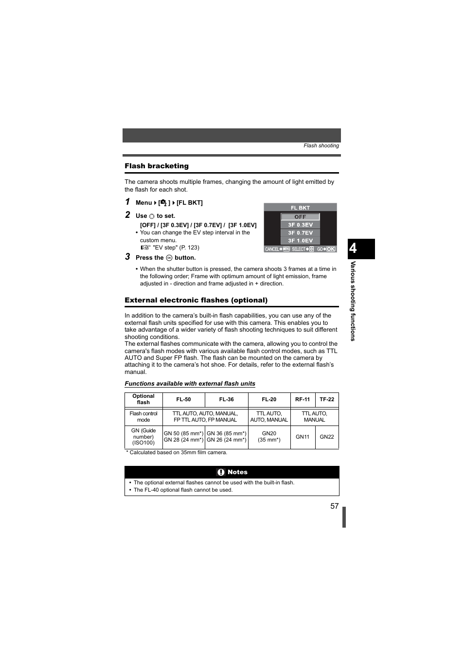 Flash bracketing, External electronic flashes (optional), P. 57 | Olympus EVOLT E-500 User Manual | Page 57 / 216