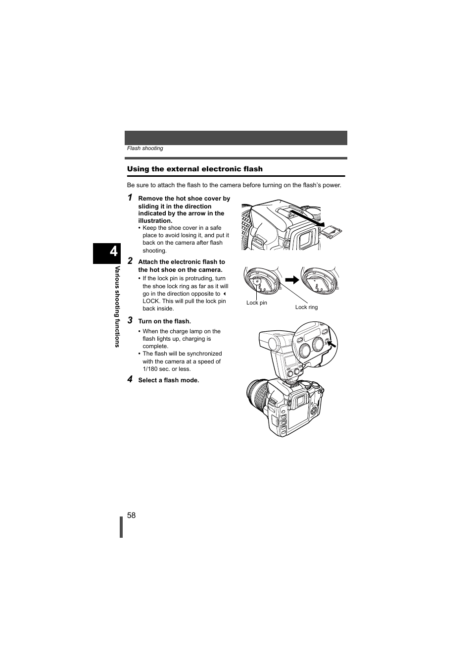 Using the external electronic flash | Olympus EVOLT E-500 User Manual | Page 58 / 216