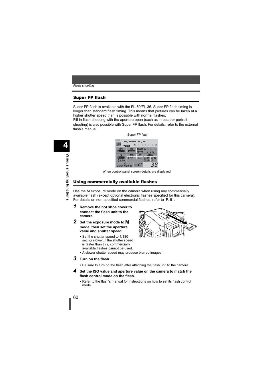 Super fp flash, Using commercially available flashes | Olympus EVOLT E-500 User Manual | Page 60 / 216