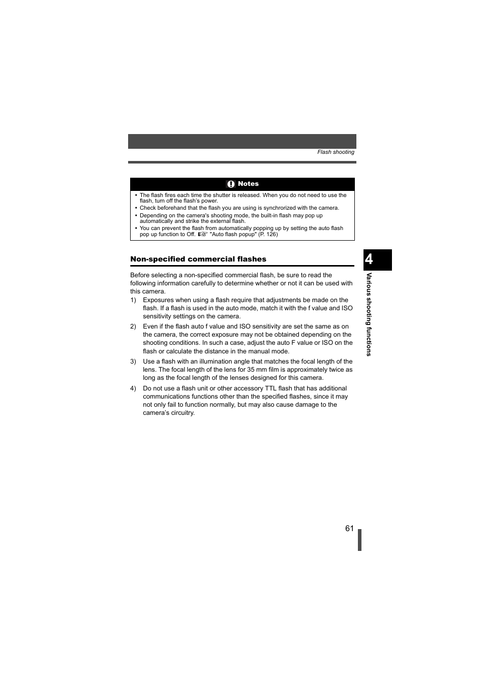 Non-specified commercial flashes | Olympus EVOLT E-500 User Manual | Page 61 / 216