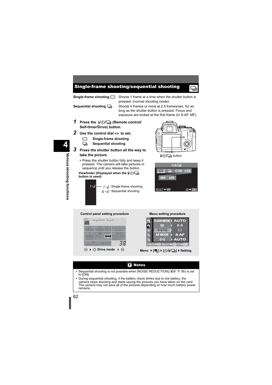 Single-frame shooting/sequential shooting, P. 62 | Olympus EVOLT E-500 User Manual | Page 62 / 216
