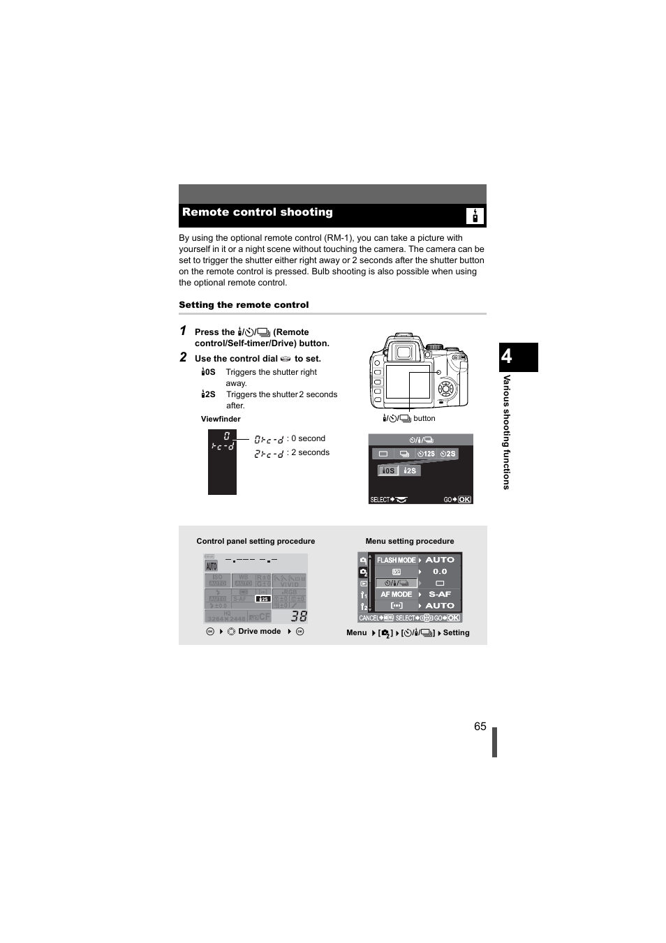 Remote control shooting, P. 65 | Olympus EVOLT E-500 User Manual | Page 65 / 216